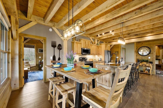 dining area featuring wood ceiling, sink, beamed ceiling, and dark hardwood / wood-style floors