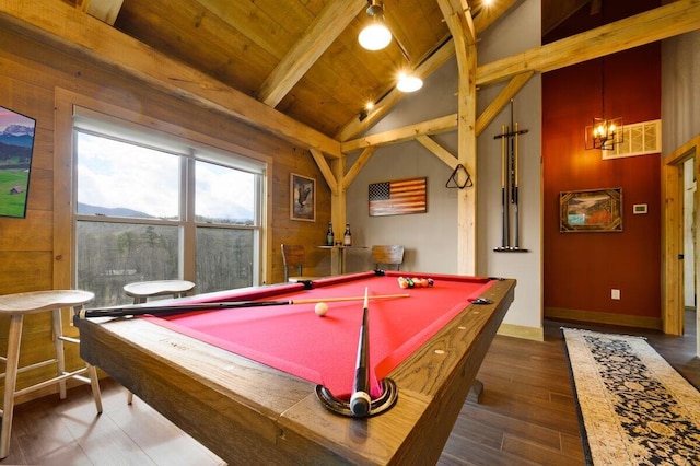 game room featuring pool table, lofted ceiling with beams, wooden ceiling, and dark hardwood / wood-style floors