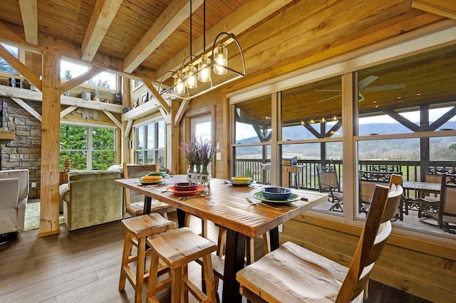 dining room with a notable chandelier, a mountain view, beam ceiling, wood-type flooring, and wooden ceiling