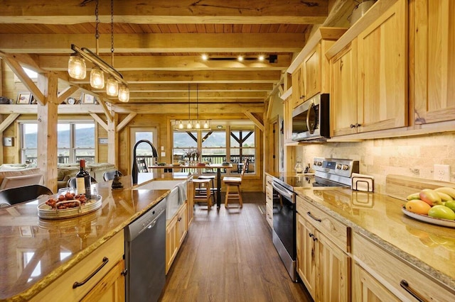 kitchen featuring appliances with stainless steel finishes, pendant lighting, wooden ceiling, and beam ceiling