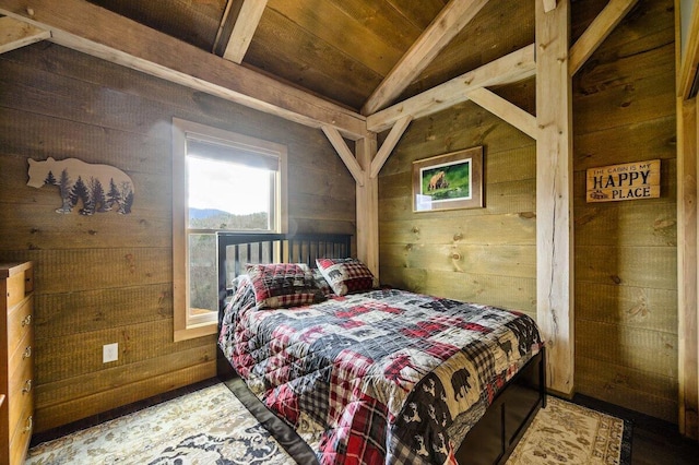 bedroom with wooden ceiling, wood walls, and vaulted ceiling