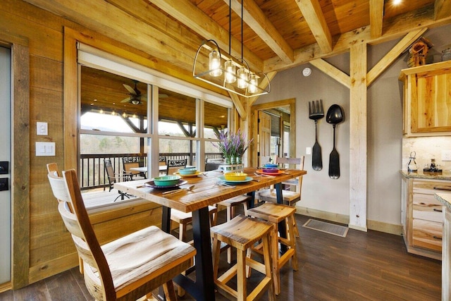 dining space with wooden ceiling, ceiling fan, beamed ceiling, and dark hardwood / wood-style floors