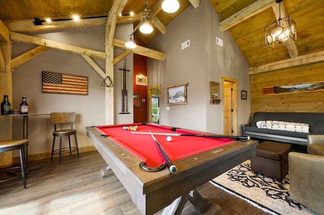 playroom featuring wood-type flooring, wooden ceiling, pool table, and high vaulted ceiling