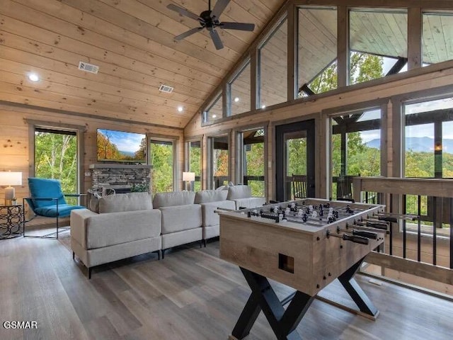 2434 Breezy Rd, Sevierville, TN 37876 - game room featuring high vaulted ceiling, wooden ceiling, ceiling fan, wood finished floors, and recessed lighting