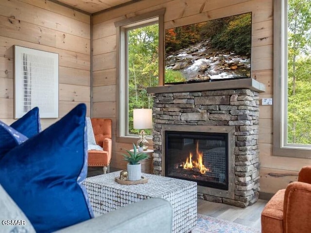 2434 Breezy Rd, Sevierville, TN 37876 - living area featuring wooden walls, wood finished floors, and a stone fireplace