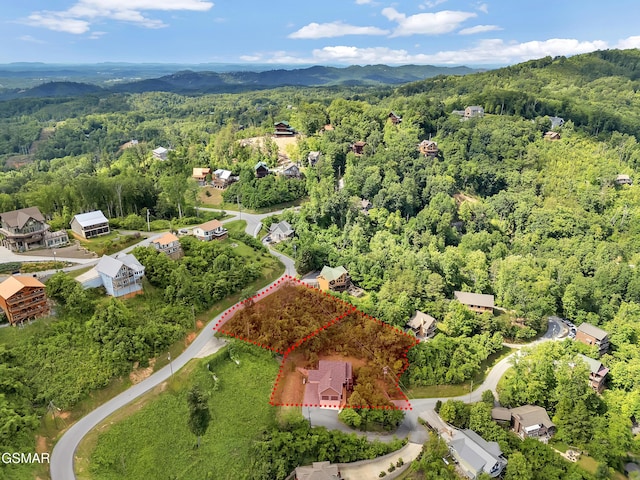730 Deerfoot Dr, Gatlinburg, TN 37738 - aerial overview of property's location featuring a heavily wooded area, property boundaries highlighted, and a mountainous background