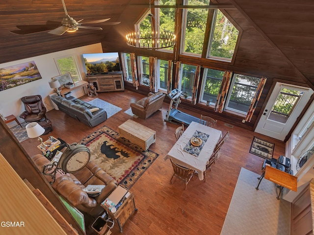 730 Deerfoot Dr, Gatlinburg, TN 37738 - living room with high vaulted ceiling, wood finished floors, wooden ceiling, a ceiling fan, and wooden walls