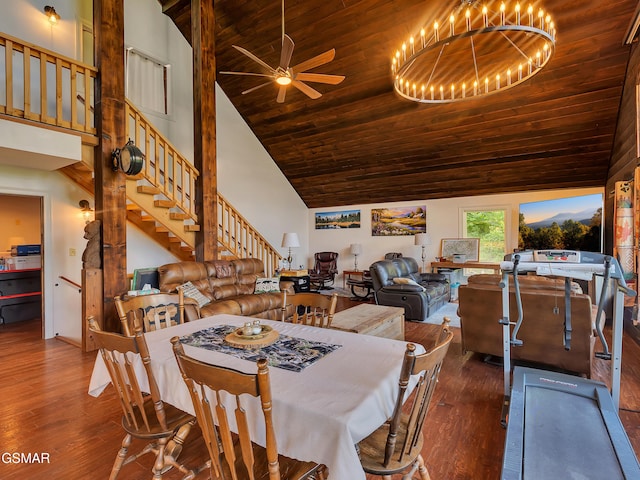 730 Deerfoot Dr, Gatlinburg, TN 37738 - dining area with high vaulted ceiling, hardwood / wood-style flooring, stairway, a ceiling fan, and wooden ceiling