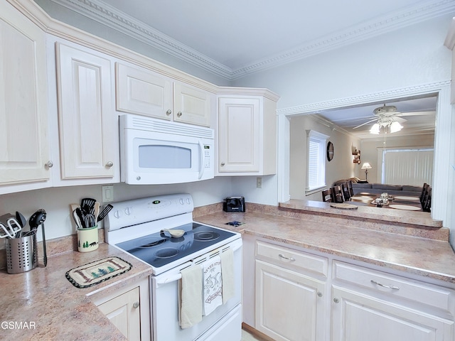 kitchen featuring crown molding, ceiling fan, white cabinets, and white appliances