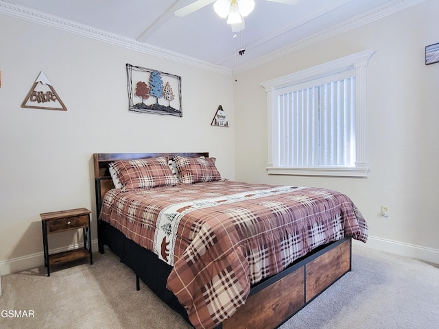 carpeted bedroom with crown molding and ceiling fan