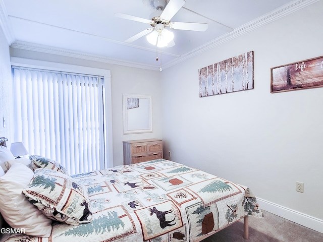 carpeted bedroom with ornamental molding and ceiling fan