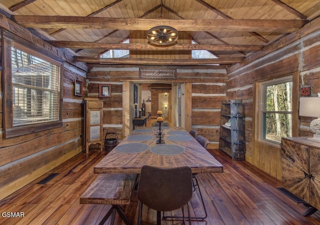 125 Cricket Hollow Way, Cosby, TN 37722 - dining room featuring wood walls, wood ceiling with exposed beams, plenty of natural light, hardwood / wood-style floors, and high vaulted ceiling