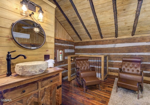 125 Cricket Hollow Way, Cosby, TN 37722 - sitting room with wood ceiling, wood walls, and dark wood-type flooring