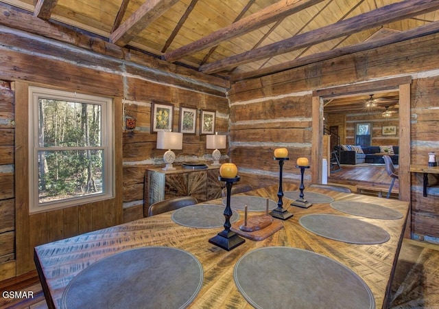 125 Cricket Hollow Way, Cosby, TN 37722 - dining area featuring wooden walls, wood ceiling, and a ceiling fan