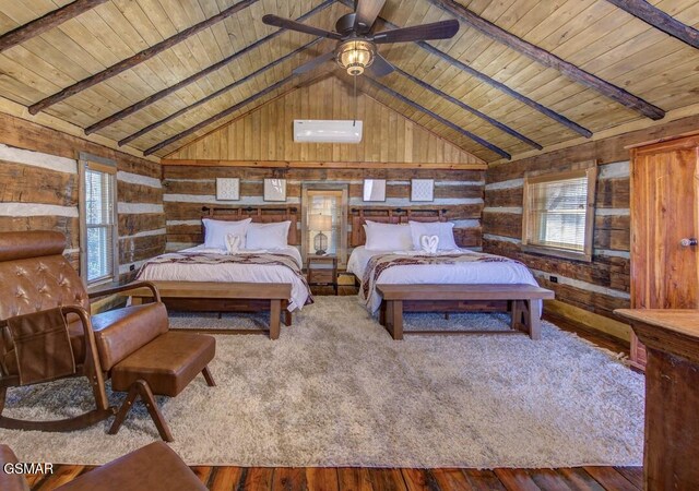 125 Cricket Hollow Way, Cosby, TN 37722 - bedroom featuring multiple windows, wooden ceiling, wooden walls, a wall mounted air conditioner, and wood finished floors