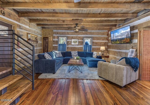 125 Cricket Hollow Way, Cosby, TN 37722 - living room featuring hardwood / wood-style flooring, wooden ceiling with exposed beams, ceiling fan, stairs, and wooden walls