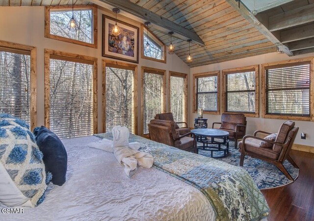 125 Cricket Hollow Way, Cosby, TN 37722 - bedroom featuring wood-type flooring, multiple windows, high vaulted ceiling, and wooden ceiling with exposed beams