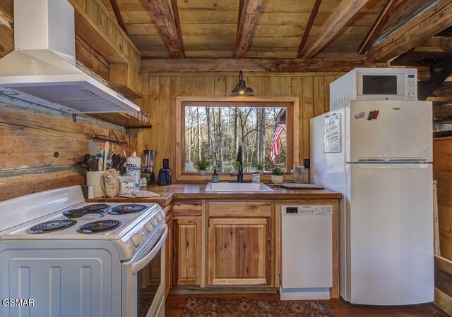 125 Cricket Hollow Way, Cosby, TN 37722 - kitchen featuring white appliances, wall chimney range hood, wood ceiling with exposed beams, wood walls, and a sink