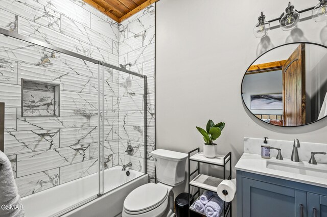 full bathroom featuring wooden ceiling, vanity, bath / shower combo with glass door, and toilet