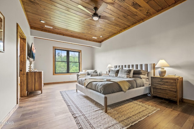 bedroom with hardwood / wood-style floors, vaulted ceiling, ceiling fan, and wooden ceiling