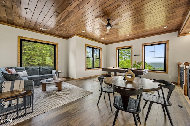 dining space with ceiling fan, dark hardwood / wood-style flooring, and wood ceiling