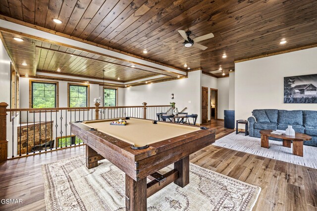 rec room featuring hardwood / wood-style flooring, wood ceiling, and billiards