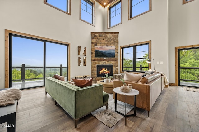 living room featuring a fireplace, a high ceiling, and wood-type flooring