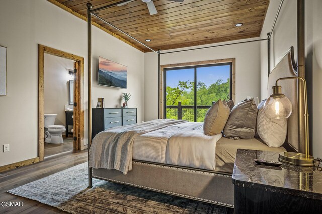 bedroom featuring connected bathroom, access to outside, dark wood-type flooring, and wood ceiling