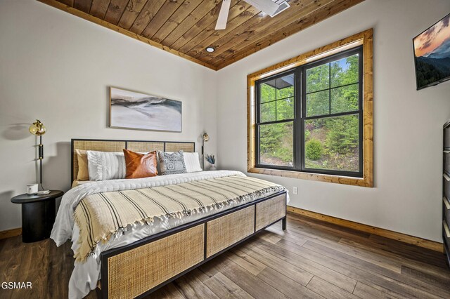 bedroom featuring hardwood / wood-style floors, ceiling fan, and wood ceiling