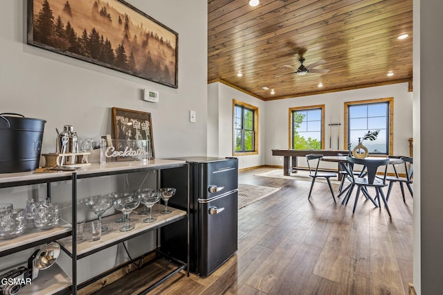 interior space with ceiling fan, wood-type flooring, and wood ceiling