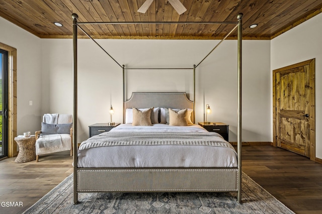 bedroom featuring dark hardwood / wood-style floors, ceiling fan, and wood ceiling