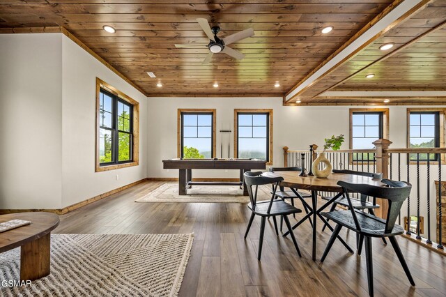 dining space featuring ceiling fan, dark hardwood / wood-style flooring, and wooden ceiling