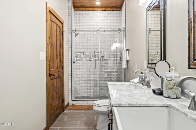 bathroom featuring vanity, toilet, an enclosed shower, and wood ceiling