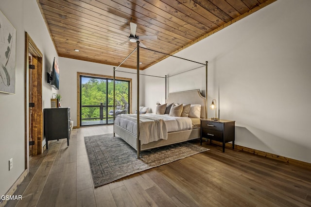 bedroom with hardwood / wood-style floors, ceiling fan, access to exterior, and wooden ceiling