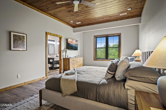 bedroom with hardwood / wood-style flooring, vaulted ceiling, ceiling fan, and wood ceiling