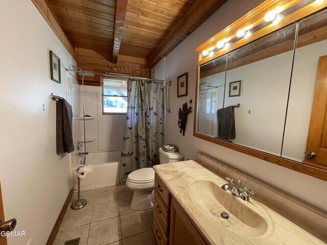 bathroom with toilet, tile patterned floors, vanity, beam ceiling, and wooden ceiling