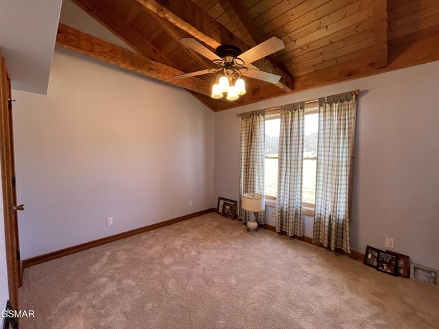 empty room with carpet floors, lofted ceiling with beams, ceiling fan, and wood ceiling