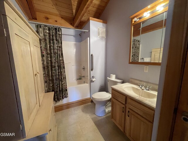 full bath with toilet, wooden ceiling, vanity, shower / bathtub combination with curtain, and vaulted ceiling with beams