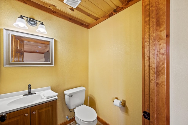 bathroom with vanity, toilet, and wooden ceiling