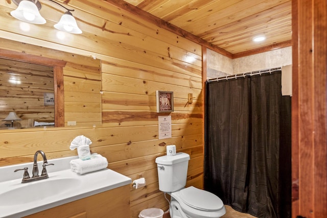 bathroom featuring vanity, wooden ceiling, a shower with curtain, wooden walls, and toilet