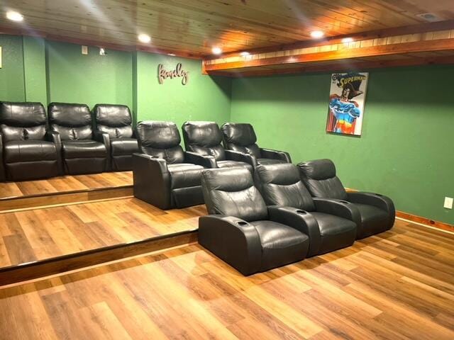 home theater room with hardwood / wood-style floors and wood ceiling