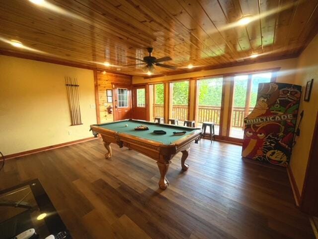 game room with ceiling fan, wood ceiling, dark wood-type flooring, and billiards