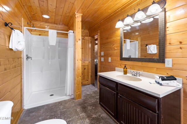 bathroom featuring wooden ceiling, vanity, a shower with shower curtain, and wooden walls