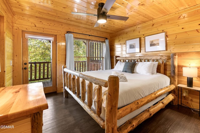 bedroom featuring ceiling fan, dark hardwood / wood-style flooring, access to outside, wooden ceiling, and wooden walls