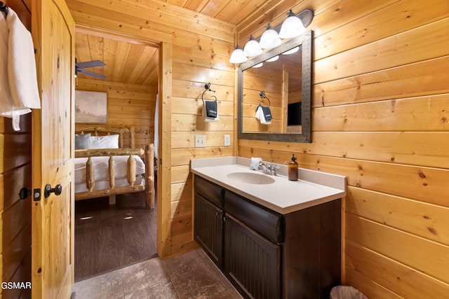 bathroom with wooden ceiling, vanity, and wood walls