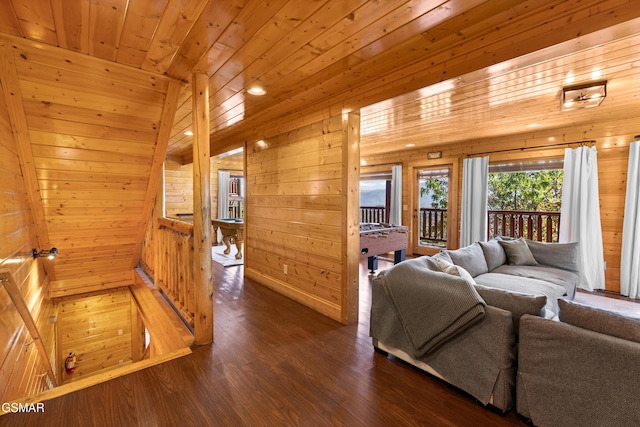 living room with wood ceiling, billiards, dark hardwood / wood-style flooring, wood walls, and lofted ceiling