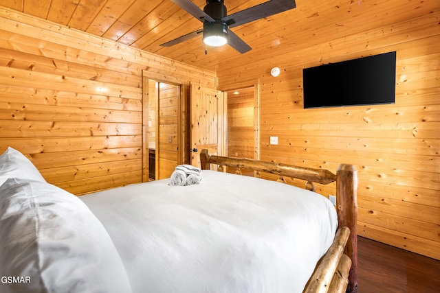 bedroom with ceiling fan, wood walls, and wood ceiling