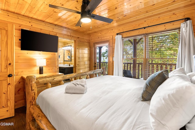 bedroom with ceiling fan, access to outside, wood ceiling, ensuite bath, and wooden walls