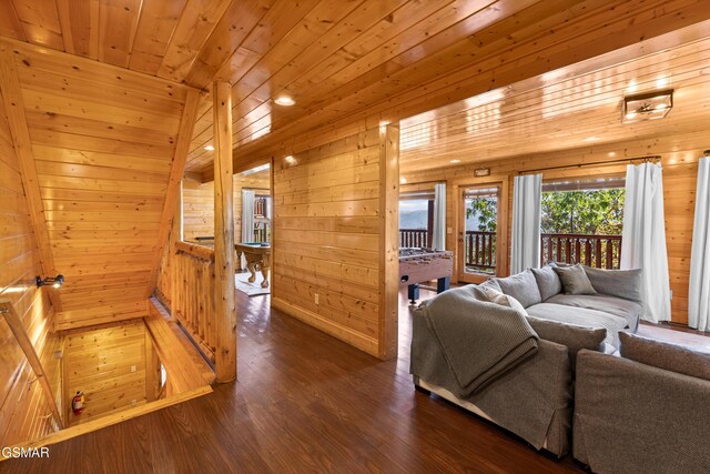 living room featuring wood ceiling, wooden walls, pool table, dark hardwood / wood-style flooring, and lofted ceiling