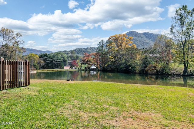 view of yard featuring a water and mountain view